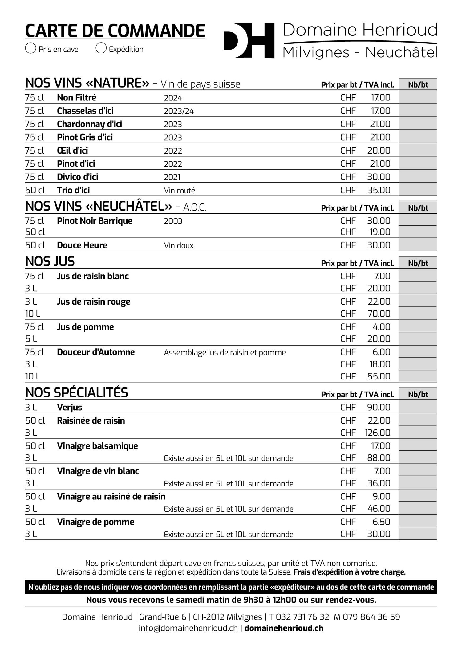 Domaine Henrioud Prix Courant 2025
